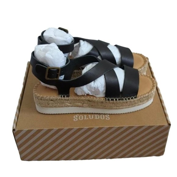 Soludos Olympia Espadrille Platform Leather Sandal In Black NIB - Picture 7 of 7